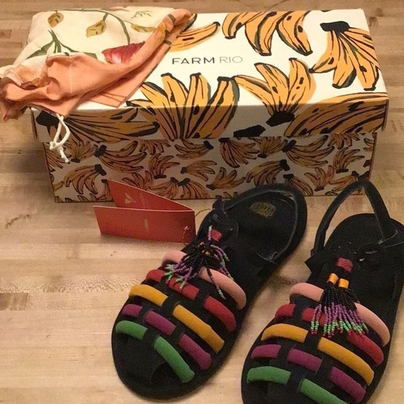 Farm Rio Beaded Rainbow Tube Strap Tassel Sandals with tropical print dust bag … - Picture 2 of 9